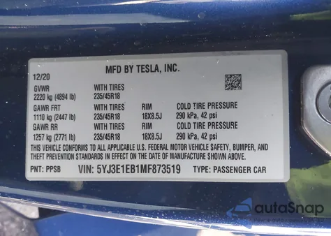 2021 Tesla Model 3 Long Range Dual Motor All-Wheel Drive из США, поврежденный, VIN 5YJ3E1EB1MF873519